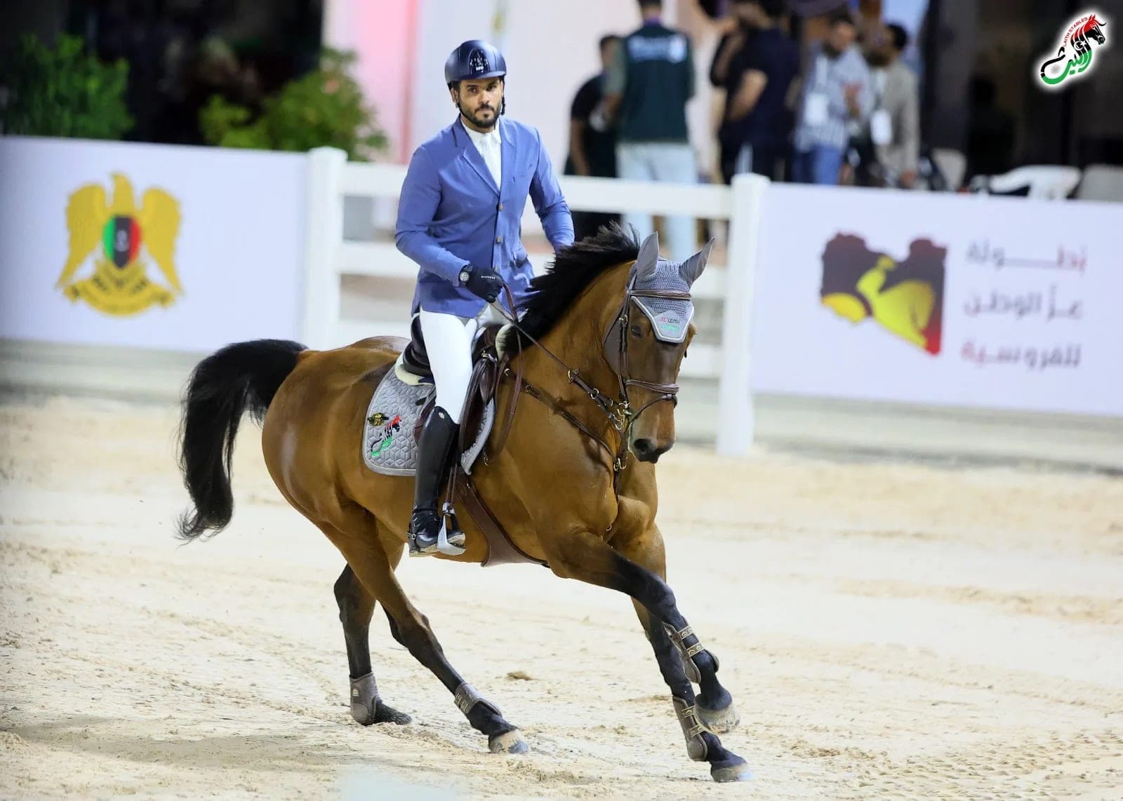 A rider in blue rides a brown horse across the arena in front of boards with the Libyan emblem